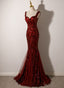 Wine Red Straps Sweetheart Mermaid Long Party Dress, Wine Red Sequins Classy Prom Dress