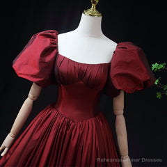 Wine Red Taffeta Short Sleeves Long Prom Dress, Wine Red Evening Dress Formal Dress