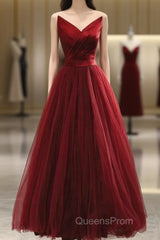 Wine Red Tea Length Tulle V-Neckline Evening Prom Dress, Wine Red Tulle Party Dress
