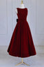 Wine Red Tea Length Velvet Party Dress with Bow, Burgundy Wedding Party Dresses