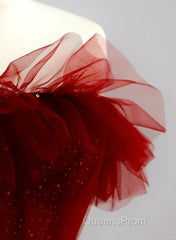 Wine Red Tull A-Line Scoop Long Evening Prom Dress, Wine Red Tulle Evening Dress