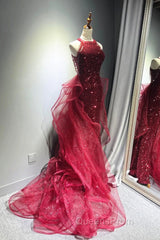 Wine Red Tulle And Sequins Halter Long Party Dress, Wine Red New Style Evening Prom Dress