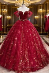 Wine Red Tulle Ball Gown Beaded Sweetheart Party Dress, Wine Red Evening Prom Dress