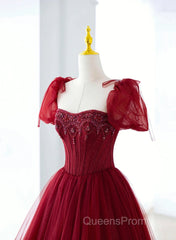 Wine Red Tulle Beaded Long Evening Prom Dress, A-Line Sweetheart Formal Evening Dress