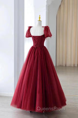 Wine Red Tulle Beaded Long Evening Prom Dress, A-Line Sweetheart Formal Evening Dress