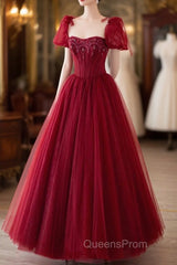 Wine Red Tulle Beaded Long Evening Prom Dress, A-Line Sweetheart Formal Evening Dress