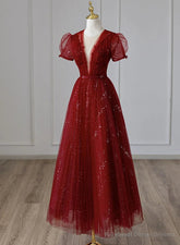 Wine Red Tulle Cap Sleeves Bridesmaid Dress, Wine Red Long Prom Dress