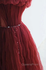 Wine Red Tulle Sequins Long Off Shoulder Party Dress, Wine Red Tulle Evening Prom Dress