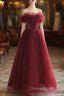 Wine Red Tulle Sequins Long Off Shoulder Party Dress, Wine Red Tulle Evening Prom Dress