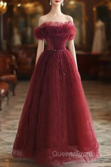 Wine Red Tulle Sequins Long Off Shoulder Party Dress, Wine Red Tulle Evening Prom Dress
