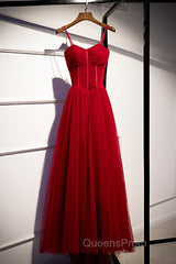 Wine Red Tulle Straps Long Sweetheart Party Dress Formal Dress, A-Line Dark Red Evening Dress