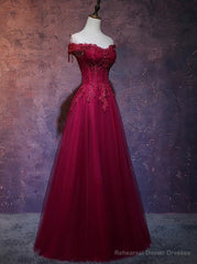 Wine Red Tulle Sweetheart Long Prom Dress, A-line Party Dress