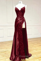 Wine Red V-Neclline Satin With Lace Long Evening Prom Dress, Wine Red Leg Slit Party Dress