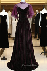 Wine Red Velvet A-Line Long High Neckline Party Dress, Wine Red Long Bridesmaid Dress