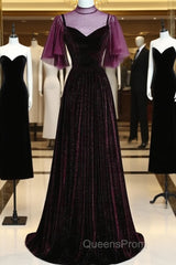 Wine Red Velvet A-Line Long High Neckline Party Dress, Wine Red Long Bridesmaid Dress