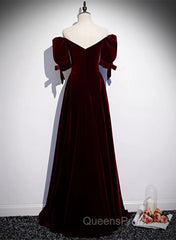 Wine Red Velvet A-Line Simple Party Dress, Wine Red Velvet Long Evening Prom Dress