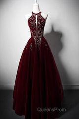Wine Red Velvet Beaded Halter Long Formal Dress, A-Line Velvet Evening Prom Dress