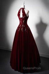 Wine Red Velvet Beaded Halter Long Formal Dress, A-Line Velvet Evening Prom Dress