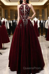 Wine Red Velvet Beaded Halter Long Formal Dress, A-Line Velvet Evening Prom Dress