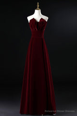 Wine Red Velvet Floor Length Long Prom Dress, Dark Red Party Dress