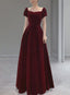 Wine Red Velvet Floor Length Wedding Party Dress, Short Sleeves Classy Prom Dress