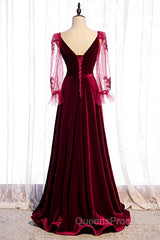 Wine Red Velvet Long Party Dress Evening Prom Dress, A-Line Long Sleeves Formal Dress