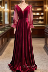 Wine Red Velvet Long Party Dress Evening Prom Dress, A-Line Long Sleeves Formal Dress