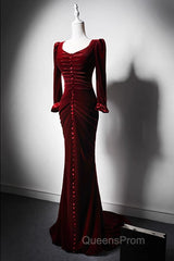 Wine Red Velvet Long Sleeves Mermaid Long Evening Prom Dress, Wine Red Evening Dress