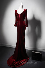 Wine Red Velvet Long Sleeves Mermaid Long Evening Prom Dress, Wine Red Evening Dress