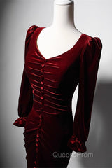 Wine Red Velvet Long Sleeves Mermaid Long Evening Prom Dress, Wine Red Evening Dress
