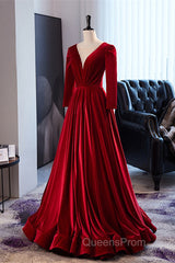 Wine Red Velvet Long Sleeves See Through Evening Prom Dress, Wine Red Wedding Party Dress