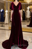 Wine Red Velvet Long Wedding Party Dress With Leg Slit, Wine Red Formal Dress