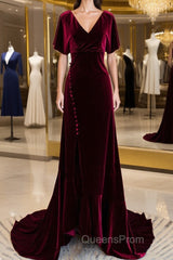 Wine Red Velvet Long Wedding Party Dress With Leg Slit, Wine Red Formal Dress