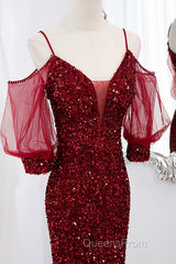 Wine Red Velvet Mermaid Long Party Dress, Wine Red Vekvet Evening Prom Dress