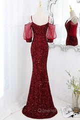 Wine Red Velvet Mermaid Long Party Dress, Wine Red Vekvet Evening Prom Dress