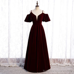 Wine Red Velvet Off Shoulder Floor Length Party Dress, Velvet Junior Prom Dress