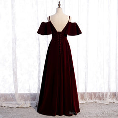 Wine Red Velvet Off Shoulder Floor Length Party Dress, Velvet Junior Prom Dress