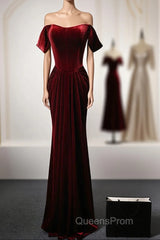 Wine Red Velvet Off Shoulder Long Mermaid Evening Prom Dress, Wine Red Velvet Eveing Dress