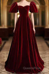 Wine Red Velvet Puffy Short Sleeves Party Dress, Velvet Long Bridesmaid Dress