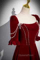 Wine Red Velvet Short Sleeves Long Evening Prom Dress, Wine Red A-Line Evening Dress