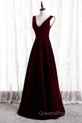 Wine Red Velvet V-Neckline Simple Long Party Dress, Wine Red Bridesmaid Dress