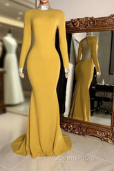 Winter Wedding Guest Dress Long Sleeves High Neck Yellow Evening Prom Dress