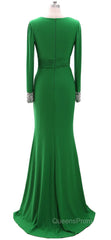 Women Long Mother of Bride Dress Green Grey Long Sleeve V Neck Evening Dress