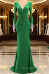 Women Long Mother of Bride Dress Green Grey Long Sleeve V Neck Evening Dress
