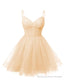Womens V Neck Tulle Spaghetti Straps Champagne Homecoming Dresses with Corset Back Short Prom Gowns for Teens