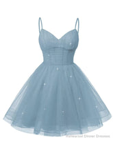 Womens V Neck Tulle Spaghetti Straps Dusty Blue Homecoming Dresses with Corset Back Short Prom Gowns for Teens