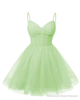 Womens V Neck Tulle Spaghetti Straps Mint Green Homecoming Dresses with Corset Back Short Prom Gowns for Teens