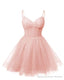 Womens V Neck Tulle Spaghetti Straps Pearl Pink Homecoming Dresses with Corset Back Short Prom Gowns for Teens