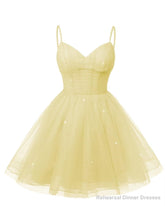 Womens V Neck Tulle Spaghetti Straps Yellow Homecoming Dresses with Corset Back Short Prom Gowns for Teens