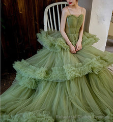 Princess Spaghetti Straps Green Tulle Long Dress A line Tiered Formal Dress